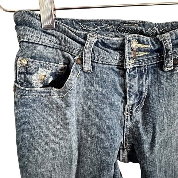 Squeeze Jeans Women's size 0 zero Distressed camo patched boot cut med wash - Picture 9 of 12